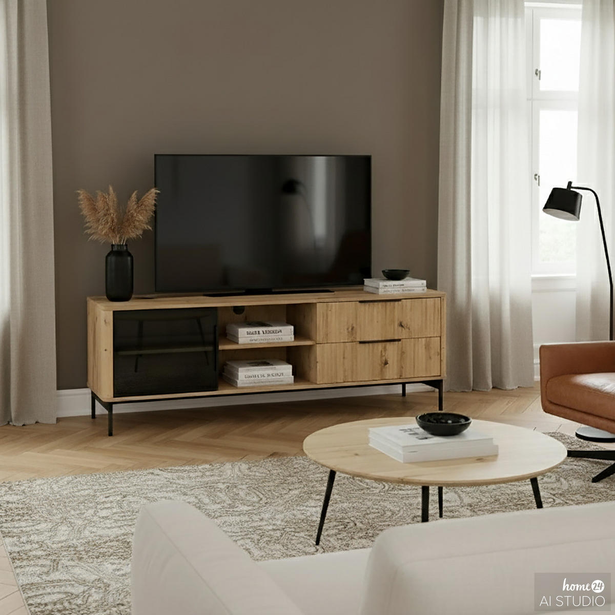 TV-LOWBOARD - Eiche Dekor / Schwarz - Eichefarben/Schwarz, Holzwerkstoff/Metall (157/57/40cm) - home24