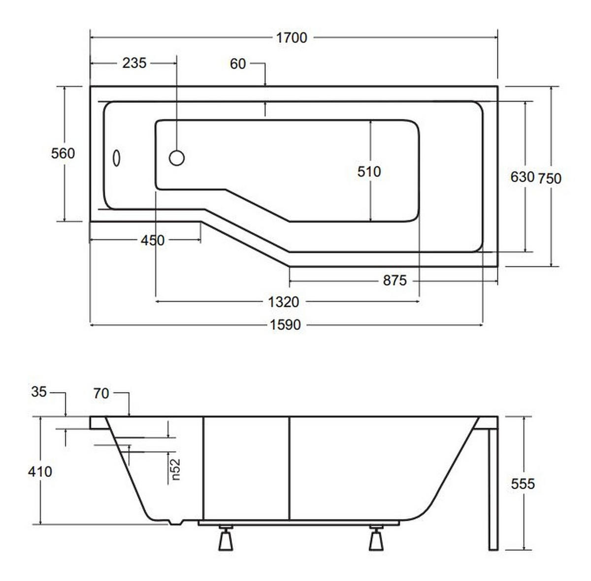 BADEWANNE Eckwanne INTEGRA 170/75 Rechts mit Styro Ablauf Füße - Weiß, Kunststoff (75/55.5/170cm) - bad land