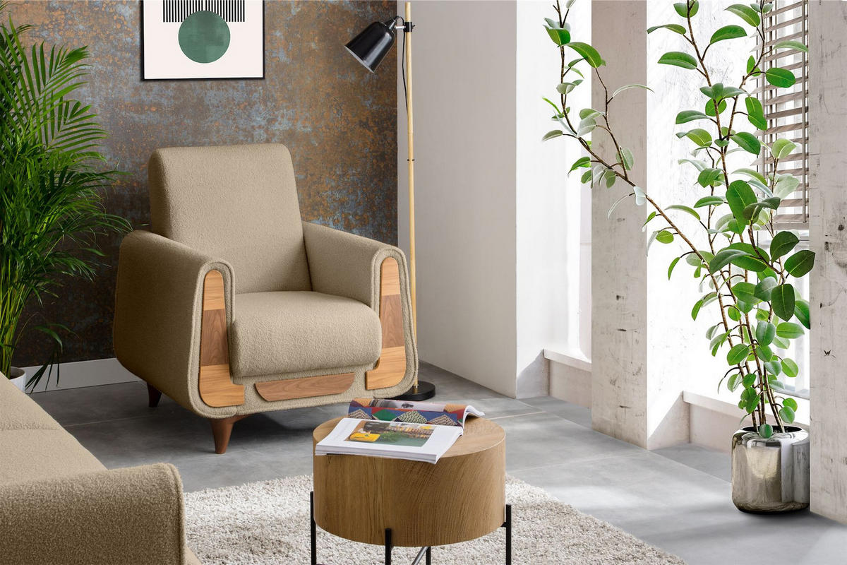 SESSEL GUSTAVO mit Armlehnen, hellbeige - Beige/Braun, Holz/Holzwerkstoff (83/95/92cm) - KONSIMO®