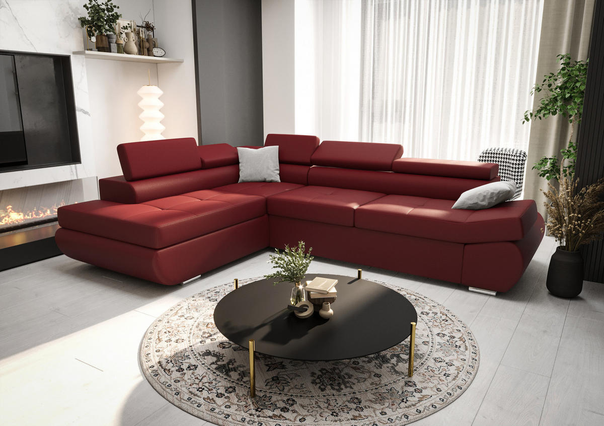 ECKSOFA KONGO RBN03, Eckcouch in L-Form mit Schlaffunktion, Farbe: Rot, Kunstleder, Ottomane Links - Rot, Textil (280/200cm) - O-Sofa