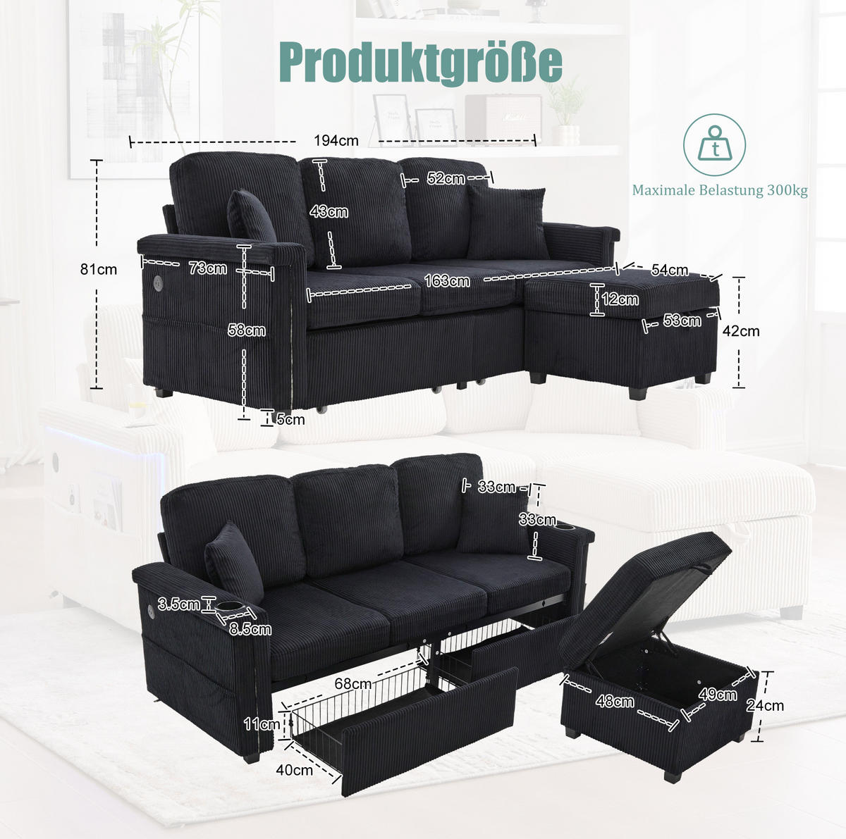 SOFA mit LED und USB/Type-C ca. 194 x 73 x 81 cm Corduroy Schwarz - Schwarz, Kunststoff (194/81/73cm) - Meubliv