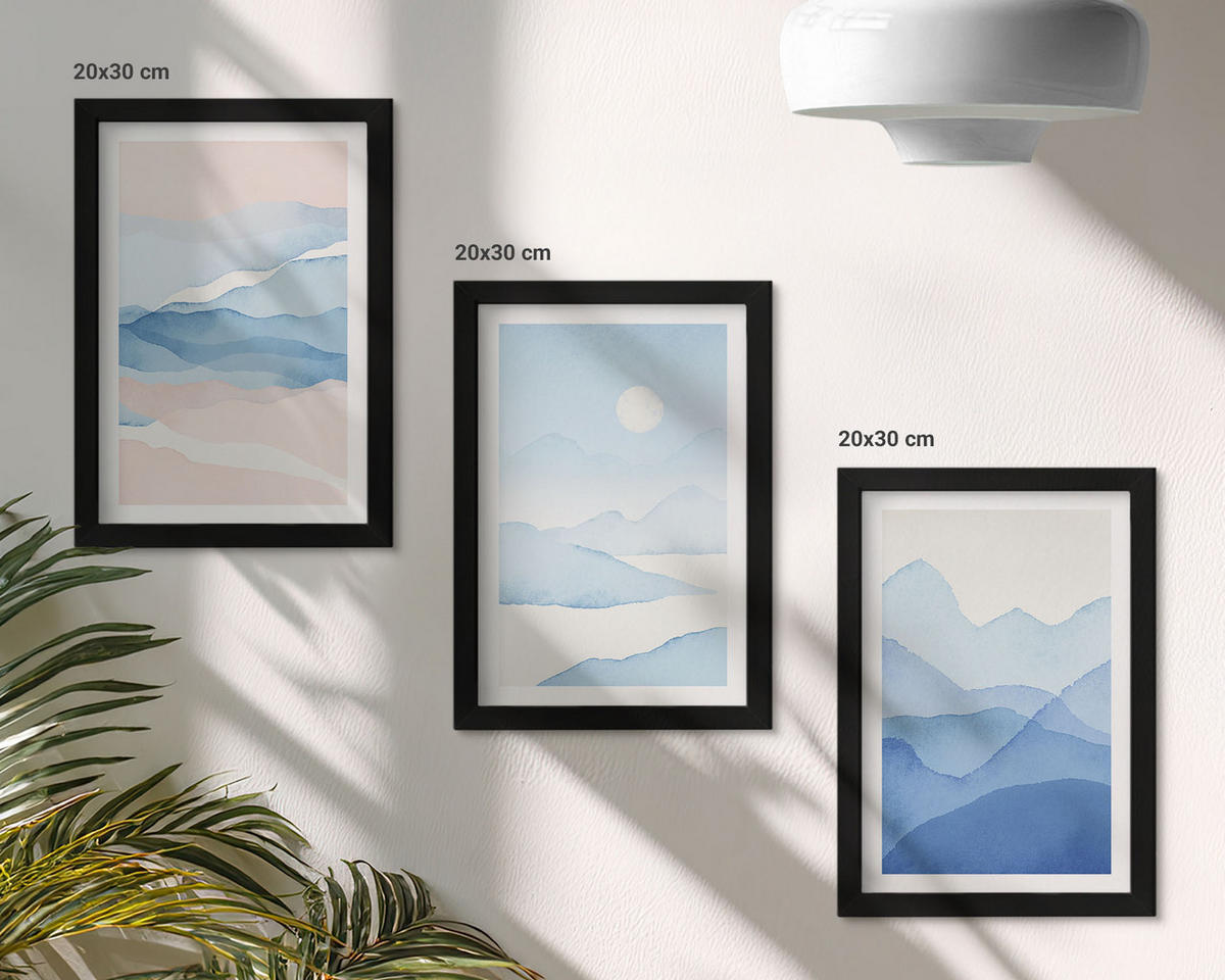 WANDBILDER 3er-Set - 20x30 cm Schwarzer Rahmen - Aquarell: Blau-rosa Berge - Schwarz, Kunststoff (20/30cm) - ArtPrintCave
