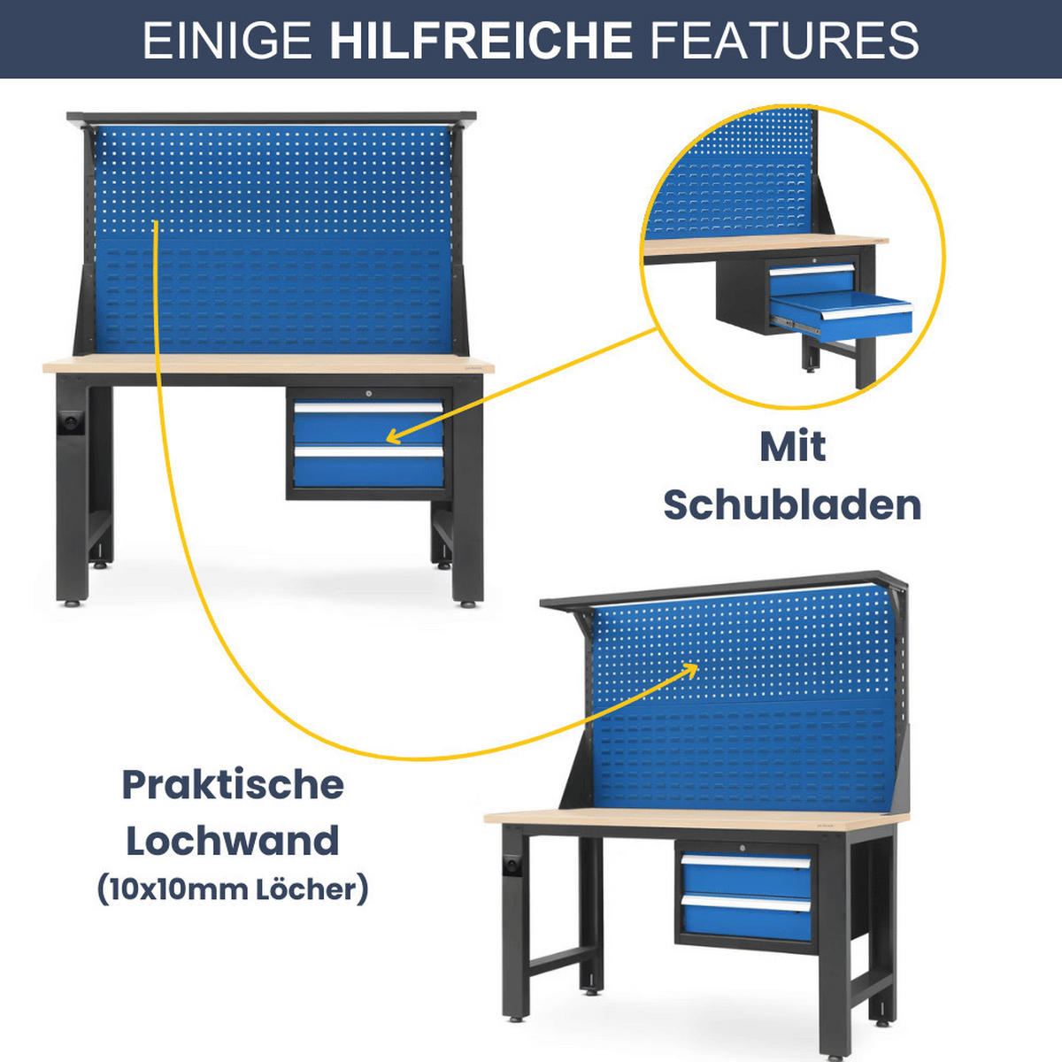 WERKBANK Werkstatt ROBI 170x150x75cm Anthrazit-Blau Platte Braun - Anthrazit, Metall (150/170/75cm) - DELUKE