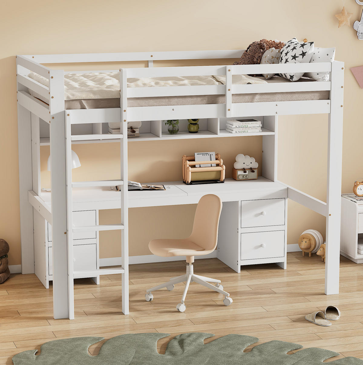 HOCHBETT 90/200 cm Weiß aus Kiefer massivholz und MDF mit Schreibtisch und Stauraum - Weiß, Holz (90/200cm) - OKMYHOME