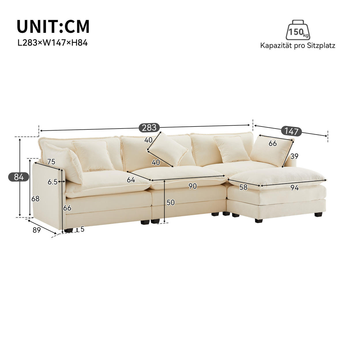 ECKSOFA 283/147/84 cm Beige aus Chenille mit Hocker - Beige, Textil (147/283cm) - OKWISH