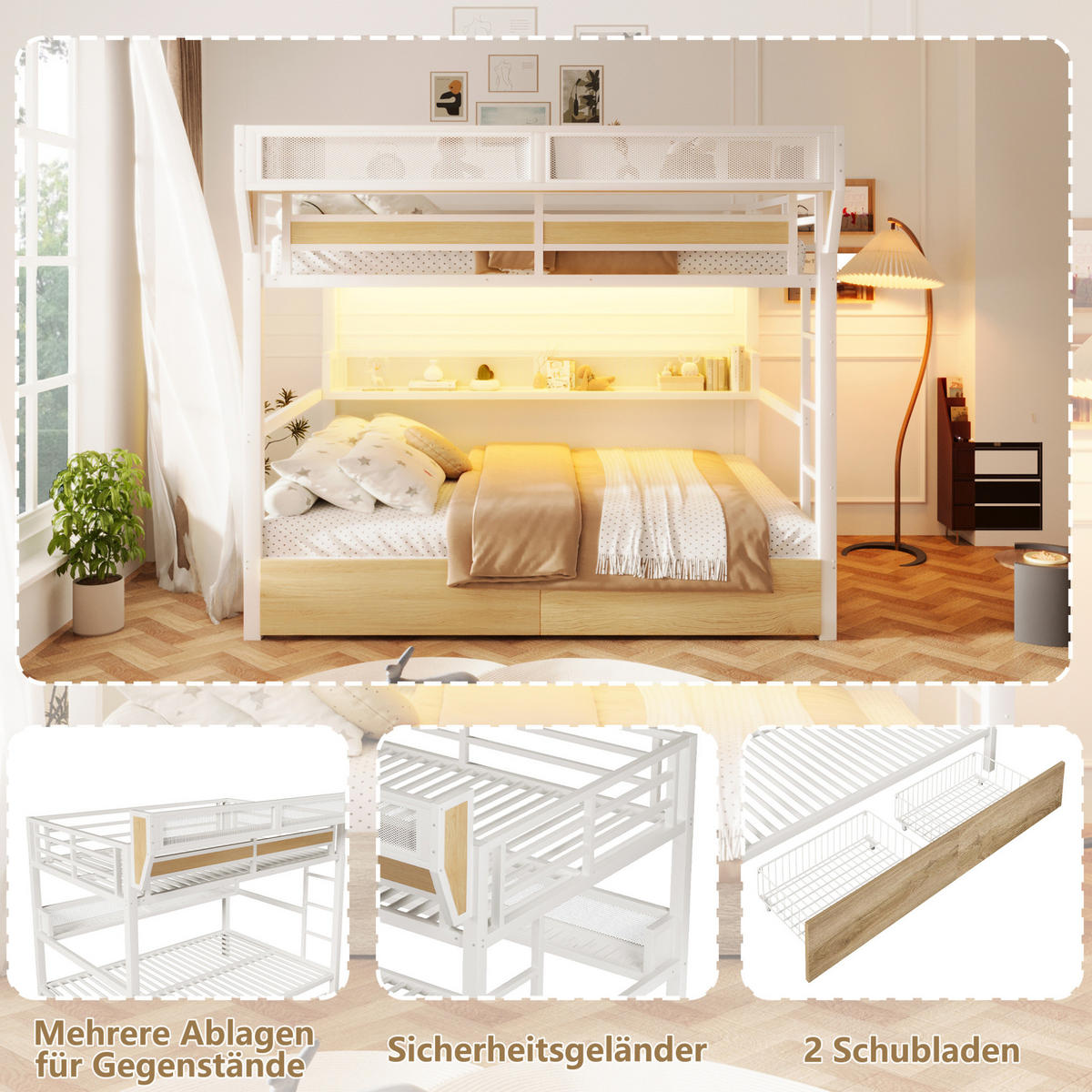 HOCHBETT aus Metall und MDF 140x200 cm Weiß mit Stauraum, Schubladen und LED-Beleuchtung - Weiß, Holzwerkstoff (140/200cm) - Modfu
