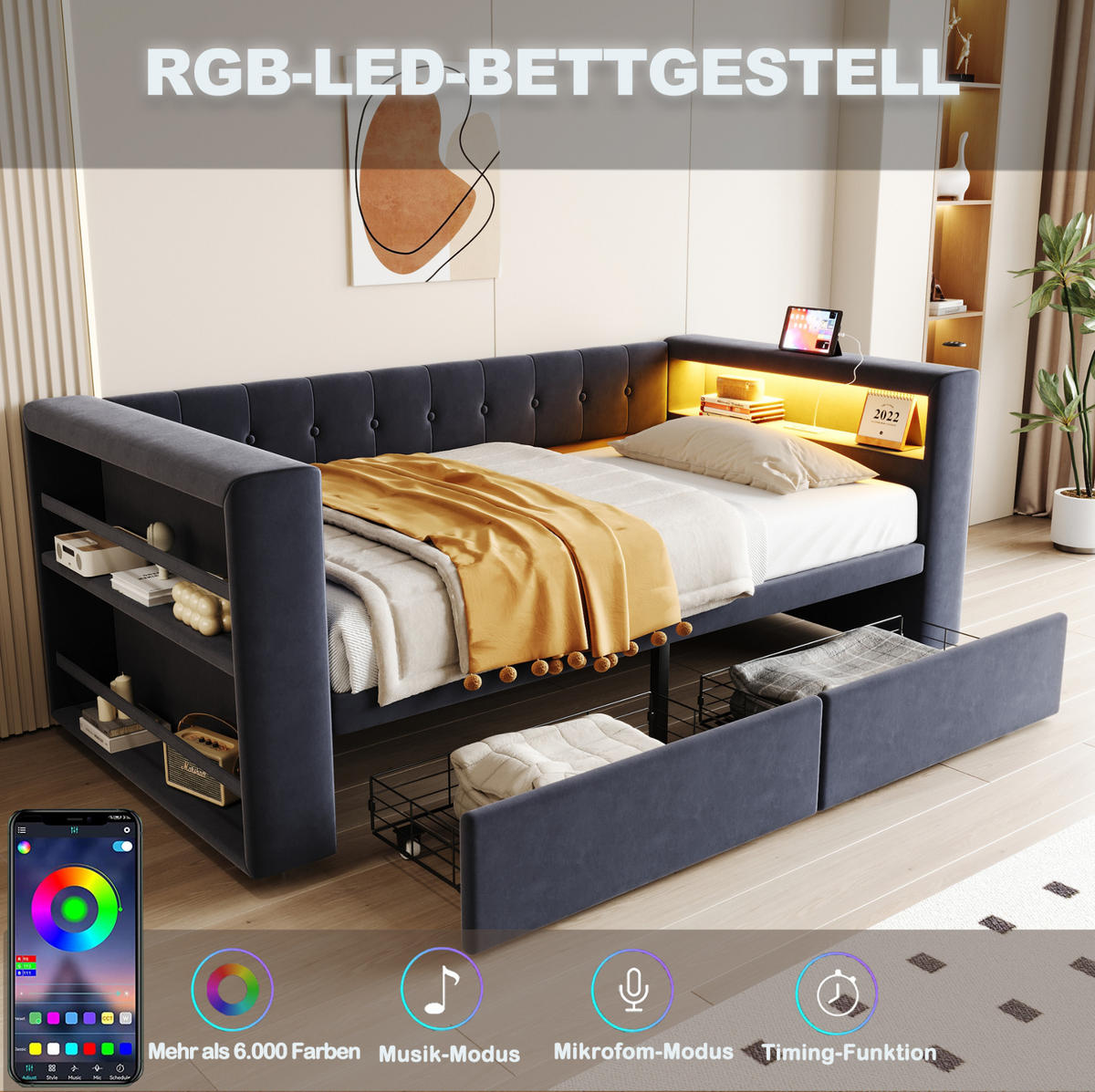 POLSTERBETT 90/190 cm Dunkelgrau aus Flannelette mit LED-Beleuchtung - Dunkelgrau, Textil (90/190cm) - OKMYHOME