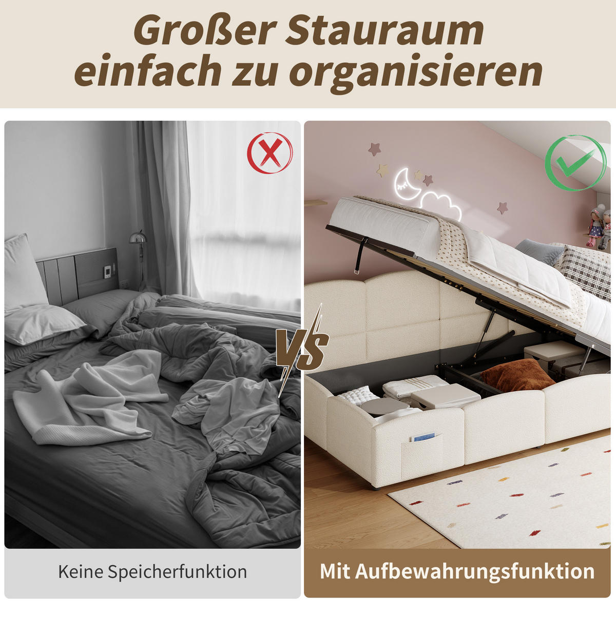 POLSTERBETT Stauraumbett 90/200 cm aus Bouclé mit USB-Anschlüssen Beige - Beige, Textil (90/200cm) - Modenvie