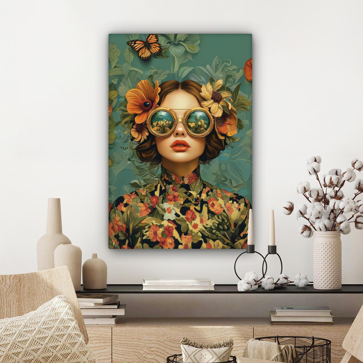 LEINWANDBILD Frau - Blumen - Schmetterlinge - Natur - Vintage Wanddeko Schlafzimmer 60x90 cm - Salbeigrün, Textil (60/90cm) - MuchoWow