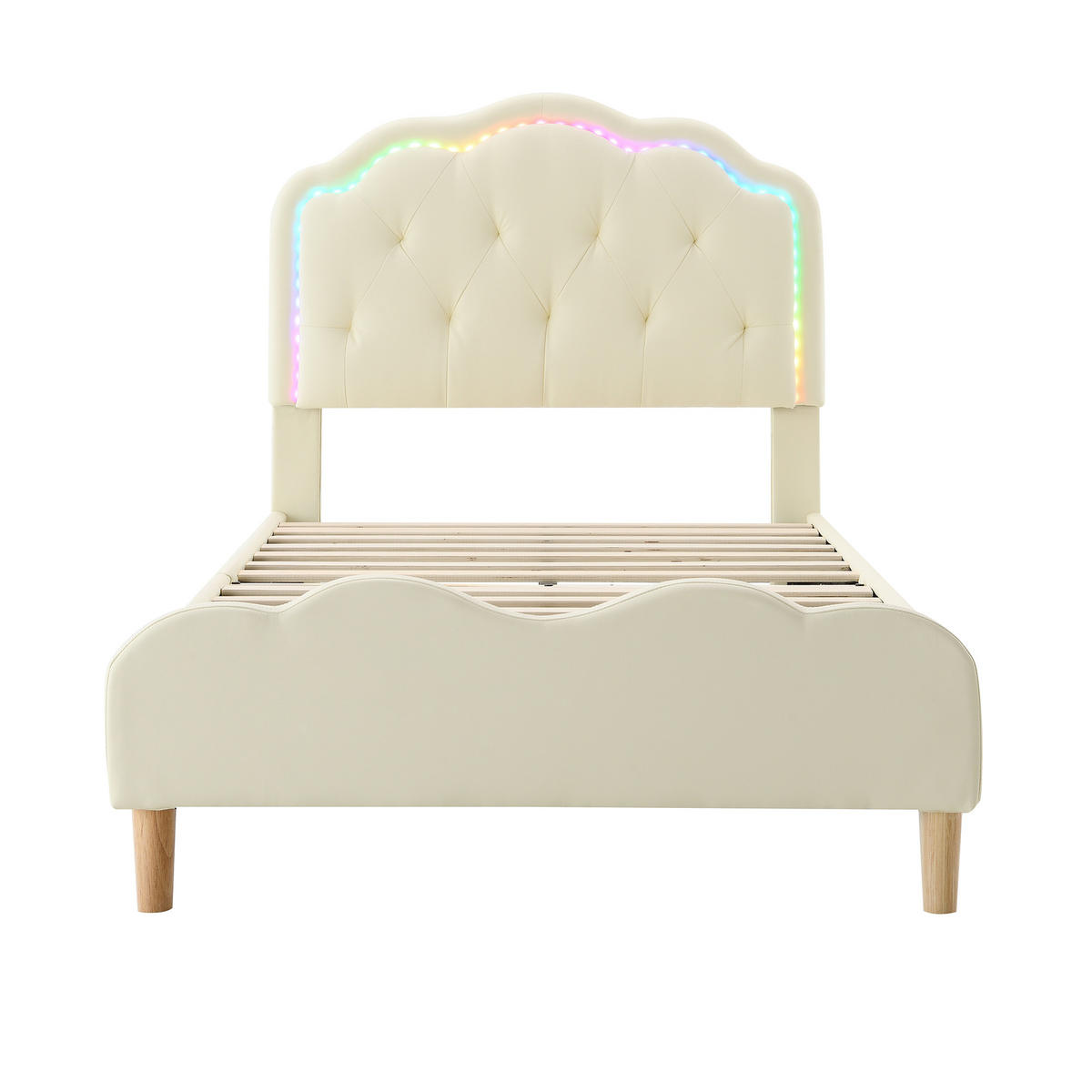 KINDERBETT 90/200 cm DE-04274, mit wellenförmigem Kopfteil, LED und PU-Bezug, in Beige - Beige, Holzwerkstoff/Metall (90/200cm) - ComfortXL