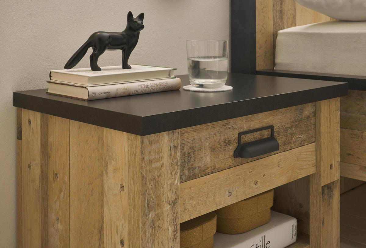NACHTTISCH Used Wood hell, dunkles Grau 60 x 61 cm, Nachtkommode mit Schubkasten und Soft-Close - Dunkelgrau/Schwarz, Holzwerkstoff/Kunststoff (60/61/39cm) - Furn.Design