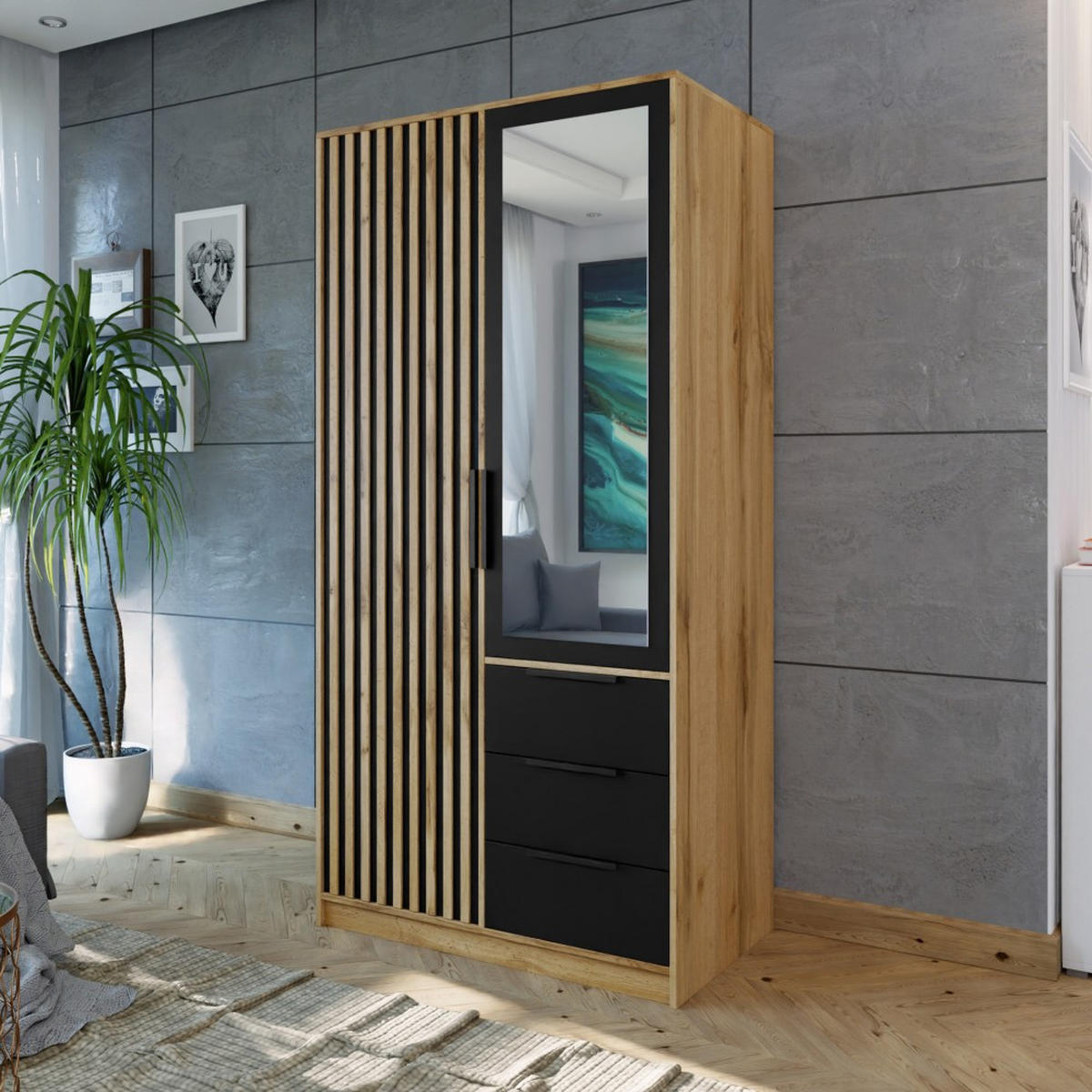 DREHTÜRENSCHRANK Bueno Lux mit 2 Türen und 3 Schubladen, eiche Wotan - Eiche Wotan, Holzwerkstoff (100/200/58cm) - Beautysofa