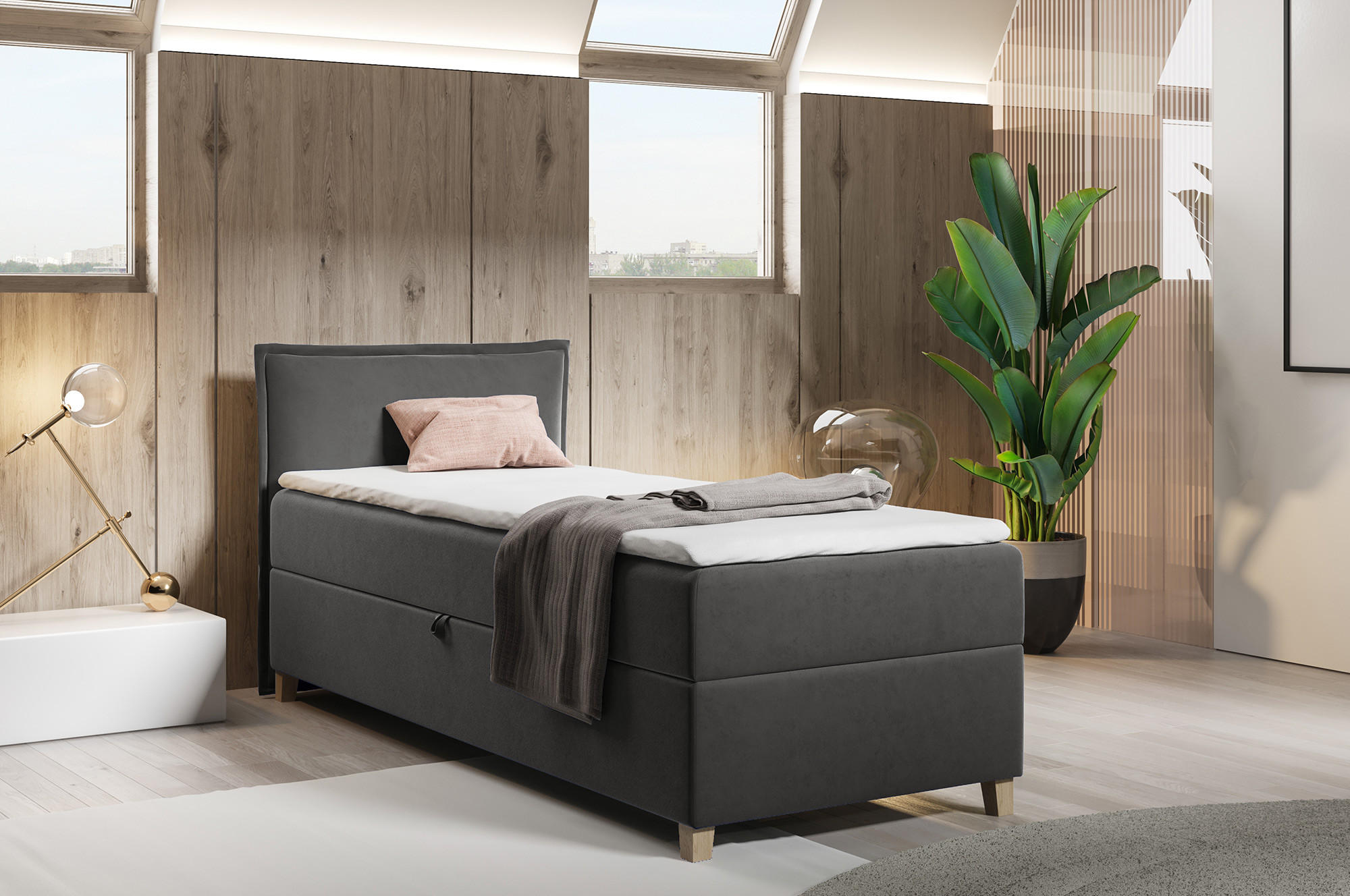 BOXBETT Fren Mini - 80x200 - dunkelgrau (Kronos 22, Velvet) - Dunkelgrau/Beige, Holz/Holzwerkstoff (80/200cm) - Sofnet
