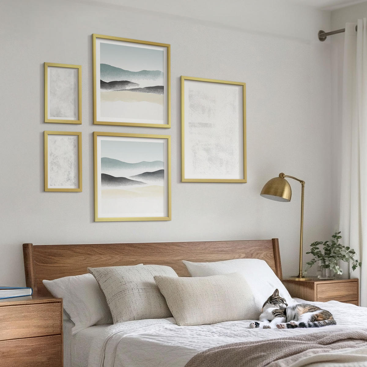 BILDER SET 5er Set - 50x50 cm & 20x30 cm & 40x60 cm Goldrahmen - Weiße Flecken auf Leinwandhintergrund - Goldfarben, Kunststoff (40/60cm) - TULUP