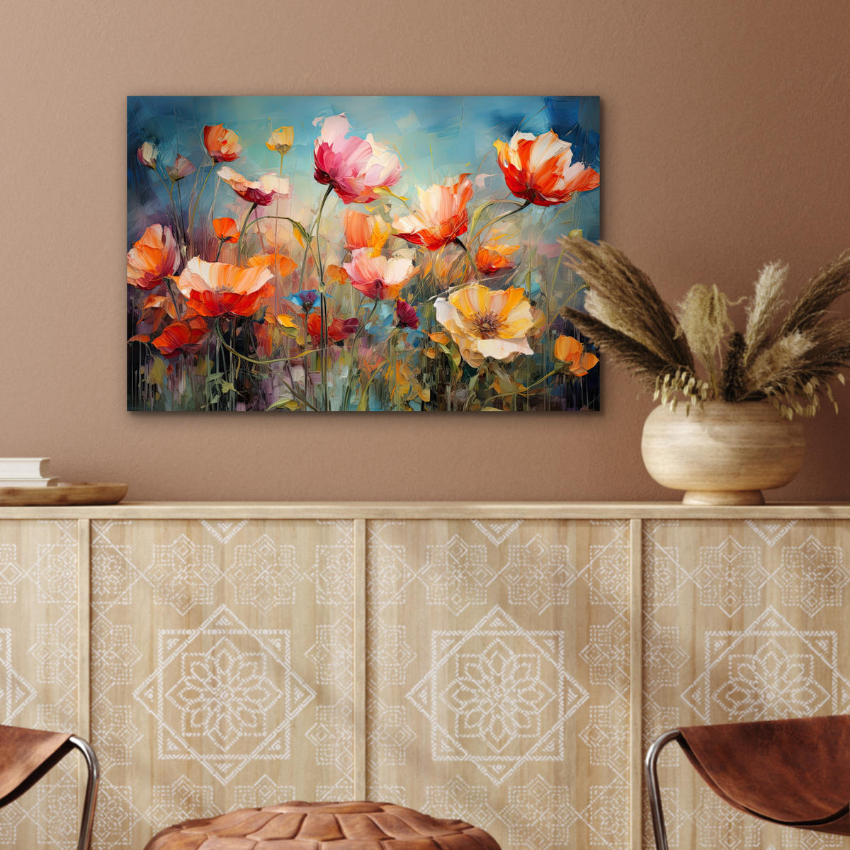 METALLBILD Blumen - Aquarell - Kunst - Botanisch - Natur 60x40 cm - Orange, Metall (60/40cm) - MuchoWow