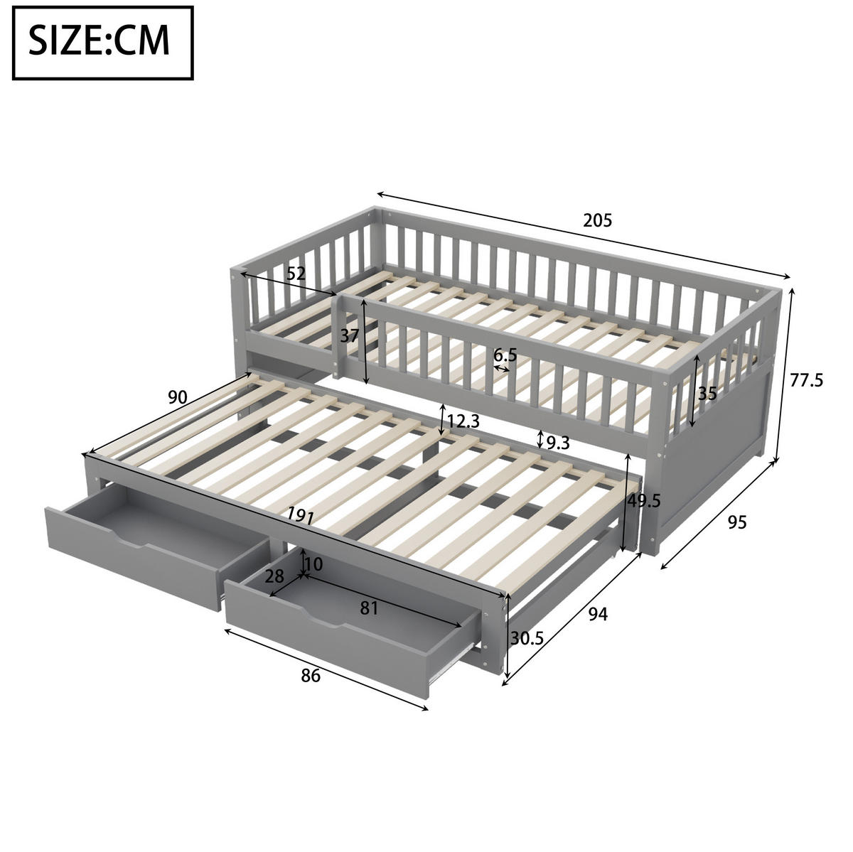 MULTIFUNKTIONSBETT 90/200 cm grau aus Holz mit Ausziehbett und 2 Schubladen - Grau, Holzwerkstoff (90/200cm) - OKWISH
