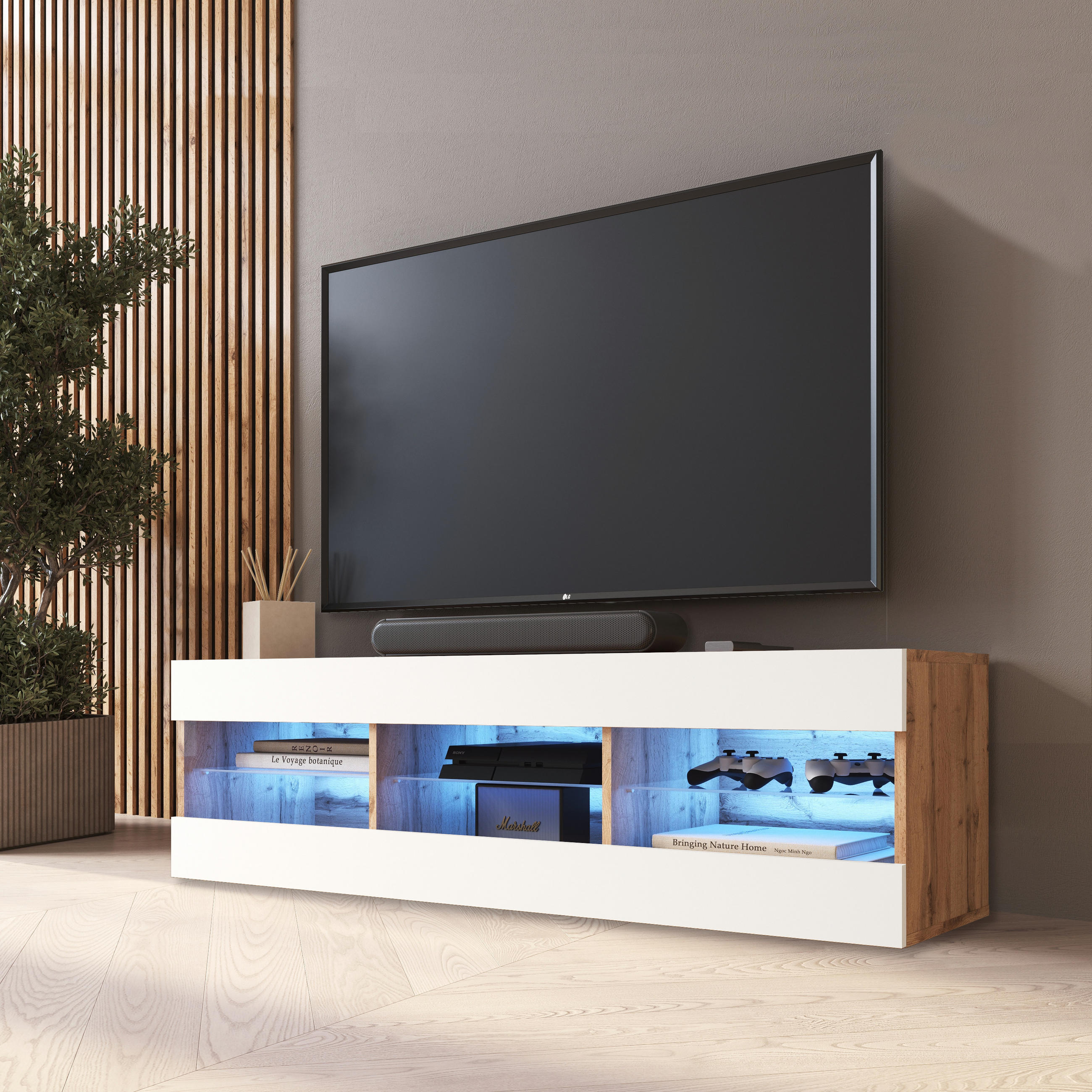 LOWBOARD TIVOLI RTV 140, Weiss, LED Blau - Eiche Wotan/Weiß, Glas/Holzwerkstoff (140/40.5/35.5cm) - Komodee