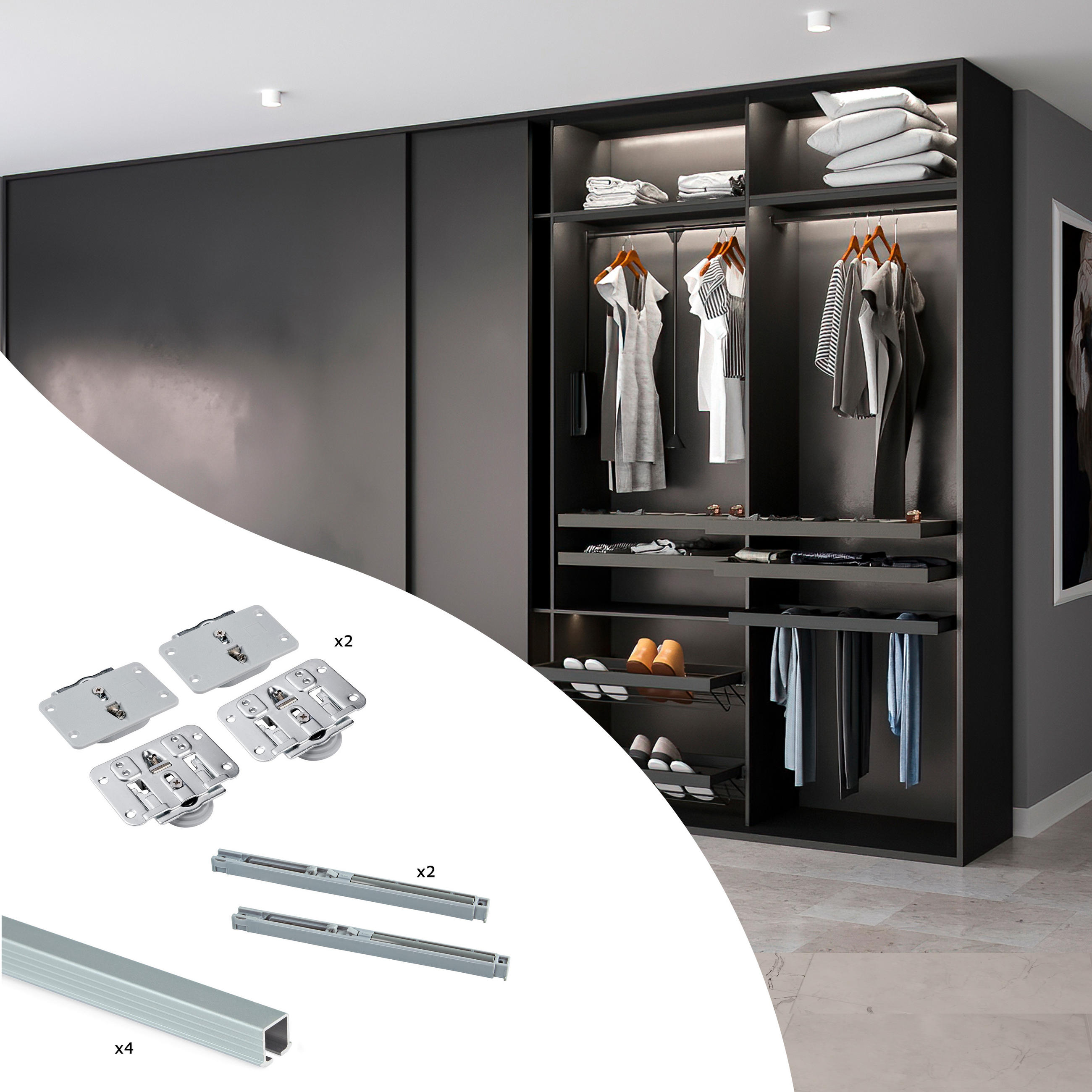 BESCHLAGSET für Flow 2 Schiebetüren und Schrank mit sanftem Schließen mit eingelassenen Schienen 2,35 m, ohne Platten, Matt eloxiert - Dunkelgrau, Metall (0.5/5/235cm) - EMUCA