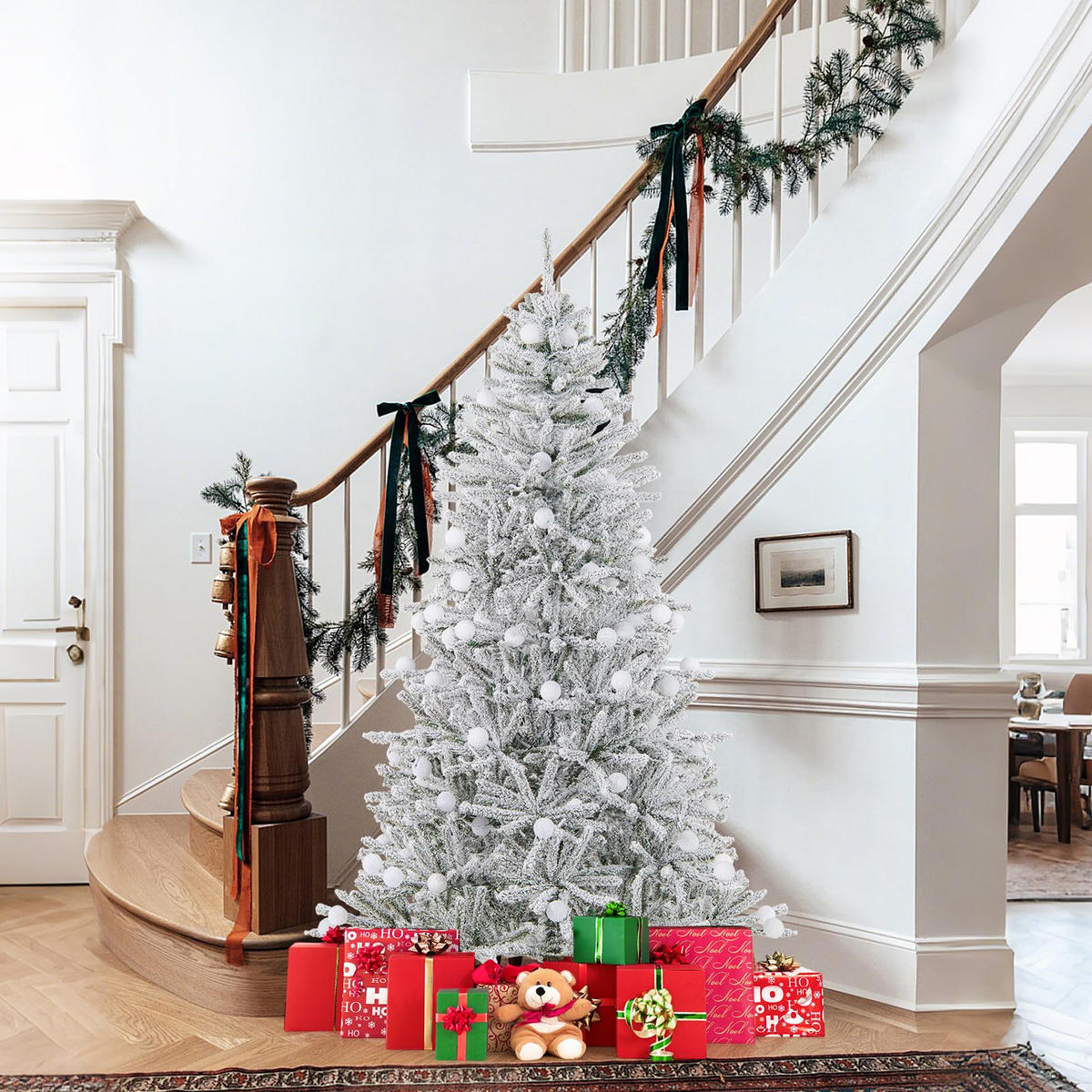 WEIHNACHTSBAUM mit Beleuchtung und Schnee Fernbedienung und Timer 180 cm weiß - Weiß, Metall (180cm) - COSTWAY