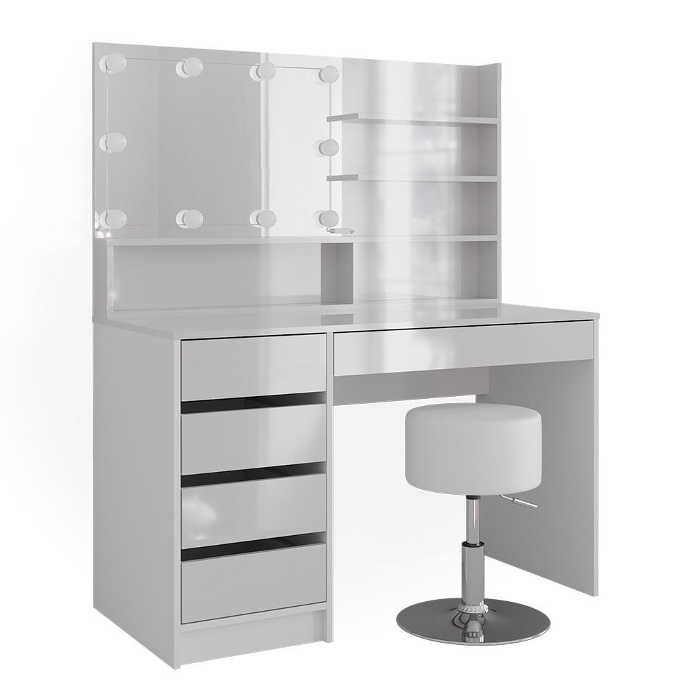 SCHMINKTISCH Sherry Weiß 145 cm mit LED Beleuchtung Hocker und Spiegelregal - Weiß, Holzwerkstoff (55/75/145cm) - Vicco