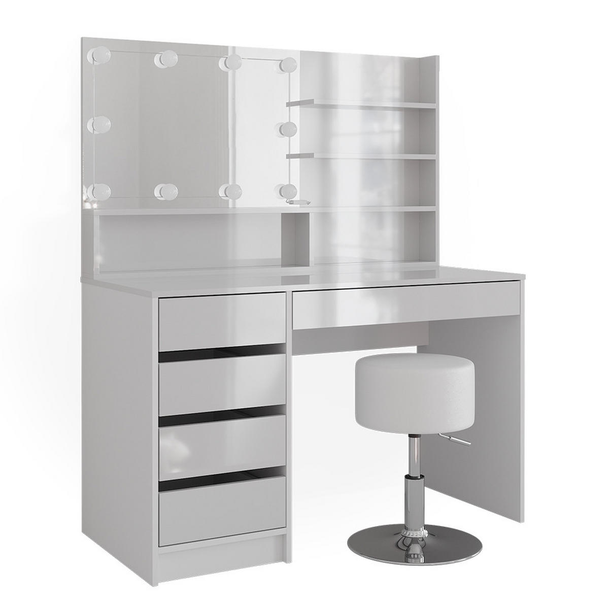 SCHMINKTISCH Sherry Weiß 145 cm mit LED Beleuchtung Hocker und Spiegelregal - Weiß, Holzwerkstoff (55/75/145cm) - Vicco