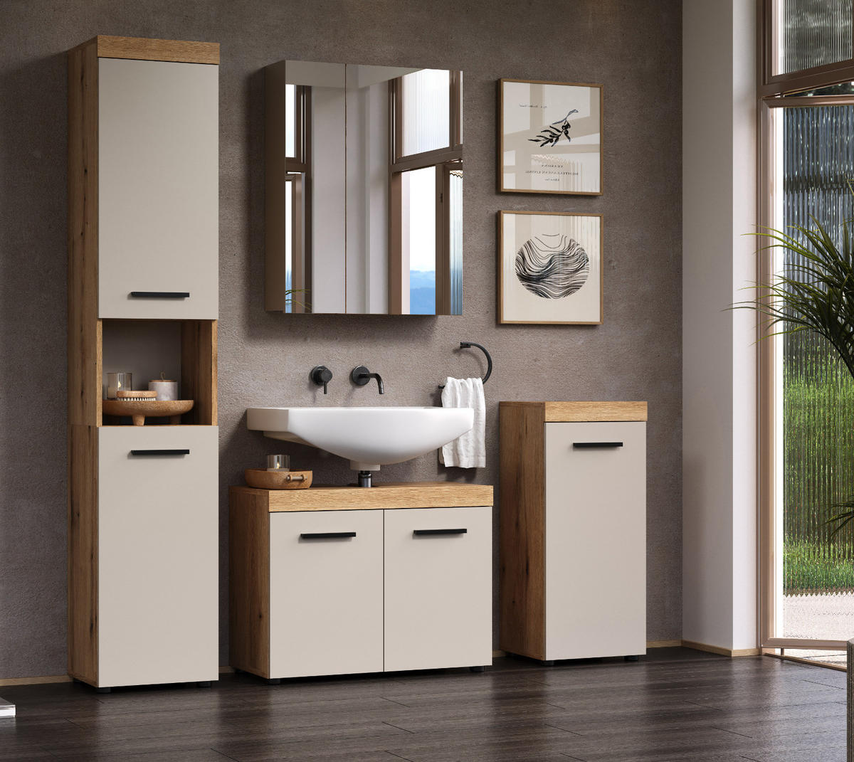 HOCHSCHRANK Kaschmir, Evoke Eiche 36 x 184 cm, Badschrank mit viel Stauraum - Kaschmir/Eichefarben, Holzwerkstoff/Kunststoff (30/185/30cm) - Top.Furn