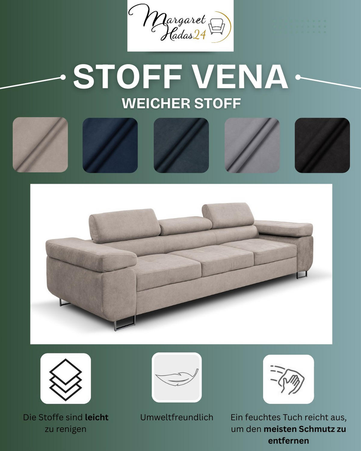 SOFA Marlene II 274 x 97 cm, mit verstellbaren Kopfstützen Schlaffunktion Wohnzimmersofa 3 Sitzer, hellgrau - Hellgrau, Kunststoff (274/87/97cm) - Margaret Hadas24