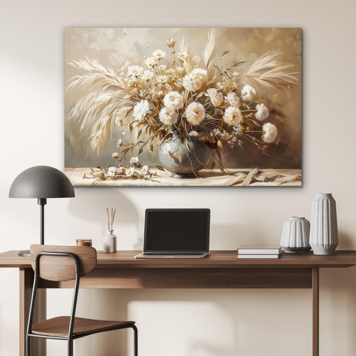 METALLBILD Blumen - Vase - Stilleben - Beige 90x60 cm - Creme, Metall (90/60cm) - MuchoWow