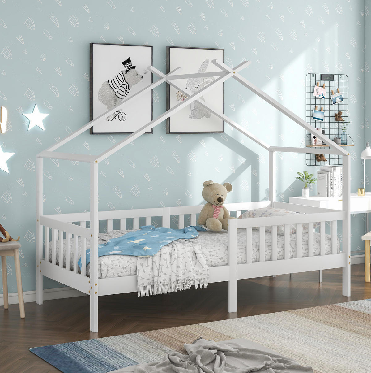 KINDERBETT 90/200 cm mit Lattenrost, Sicherheitszaun und Hausdach, Weiß - Weiß, Holzwerkstoff (90/200cm) - Redom