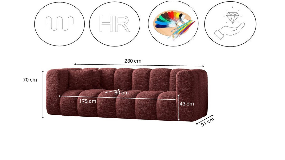 COUCH Dreisitzer-Sofa Grand Modular Stoff Haga Rotwein - Rot, Holz (230/70/91cm) - Kaiser Möbel