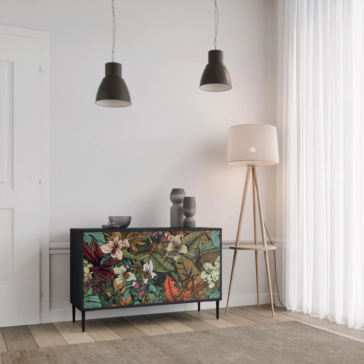 SIDEBOARD BOTANICAL EMERGENCE, Eicheneffekt, 111x42x77,5 cm, 2 Türen - Eichefarben/Buchefarben, Holzwerkstoff/Buchenholz (111/77.5/42cm) - SpaceRebels
