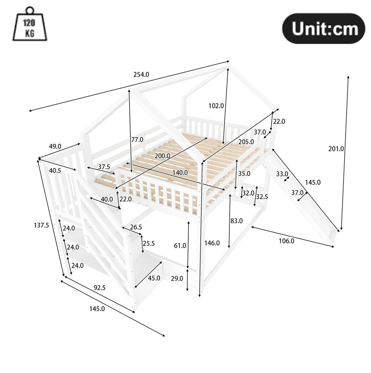ETAGENBETT 140/200 cm mit Stauraumtreppe, Rutsche und Hausdesign aus Kiefernholz, Weiß/Grau - Weiß, Holzwerkstoff (140/200cm) - Redom