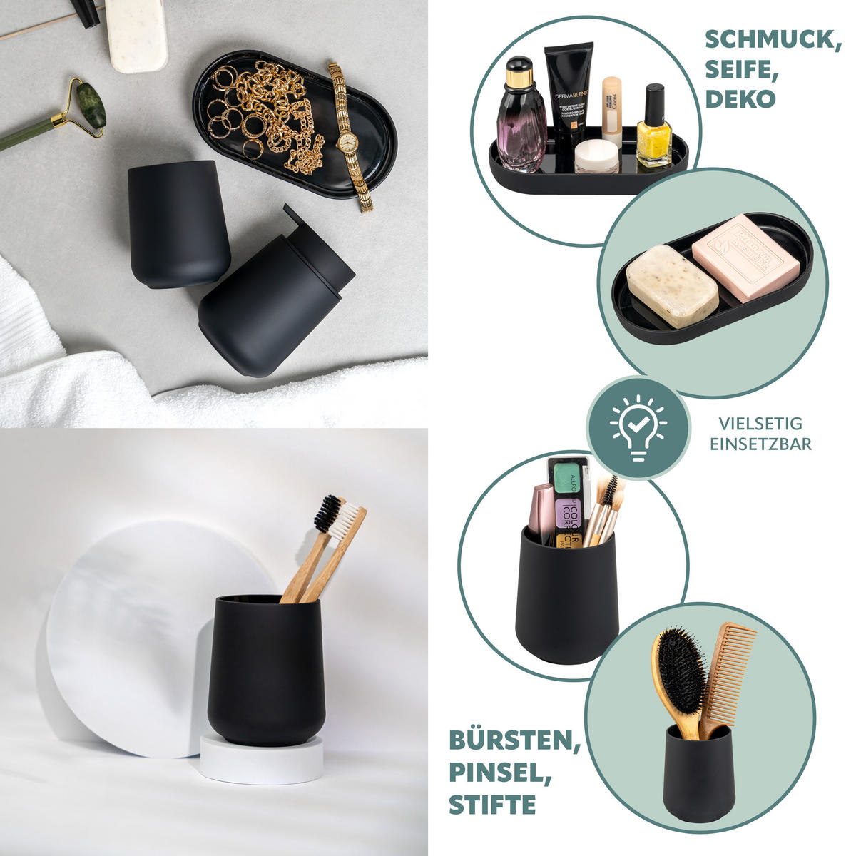 BAD-ACCESSOIRES-SET TESERO, Soft-Touch, schwarz - Schwarz, Kunststoff (18.5/13.5/10cm) - eluno