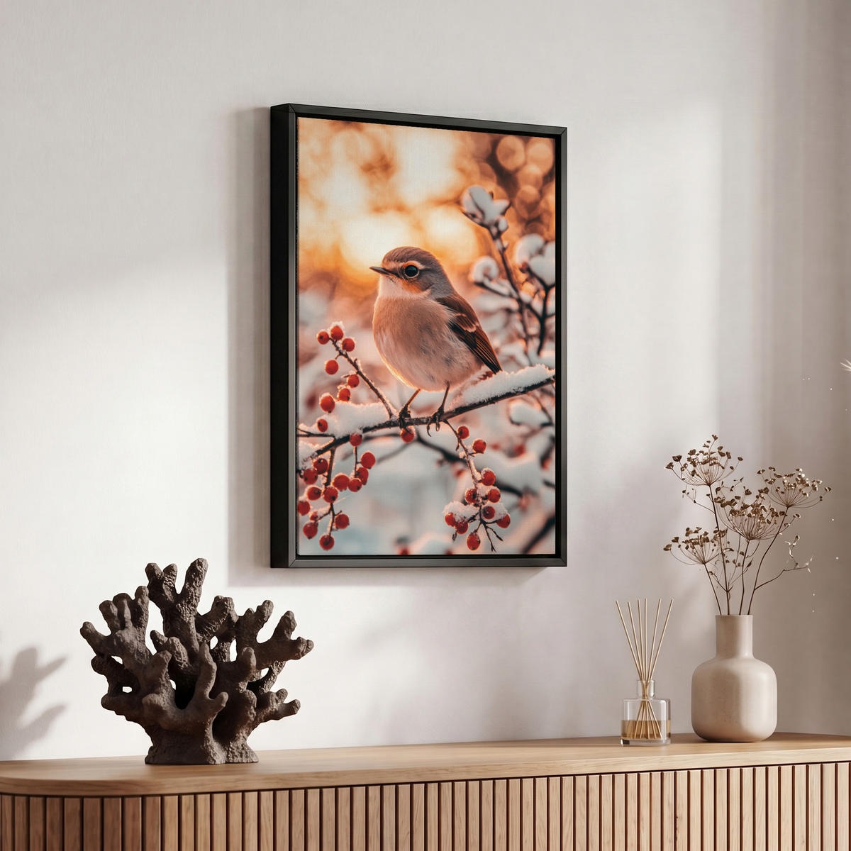 LEINWAND Bilder mit Rahmen - Vogel - Zweig - Winter - Tiere - Schnee - 20x30 - Bernsteinfarben, Textil (20/30cm) - MuchoWow