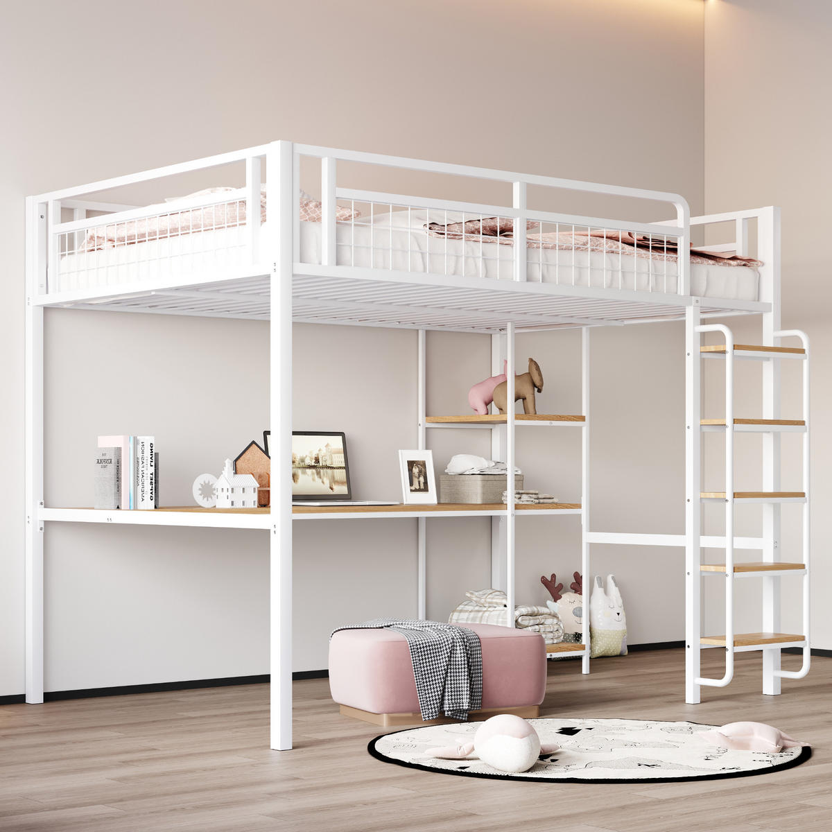 HOCHBETT 140/200 cm weiß aus Metall mit Tisch und Regal - Weiß, Metall (140/200cm) - OKWISH