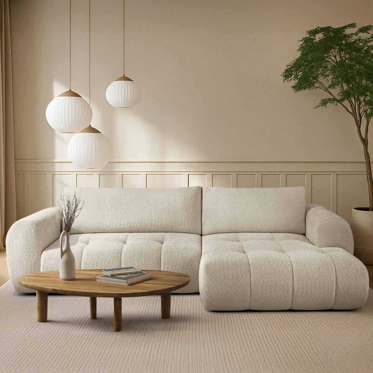 ECKSOFA RECHTS LIRA, Weiß, Bouclé - Weiß, Holz/Holzwerkstoff (295/112cm) - KONSIMO®