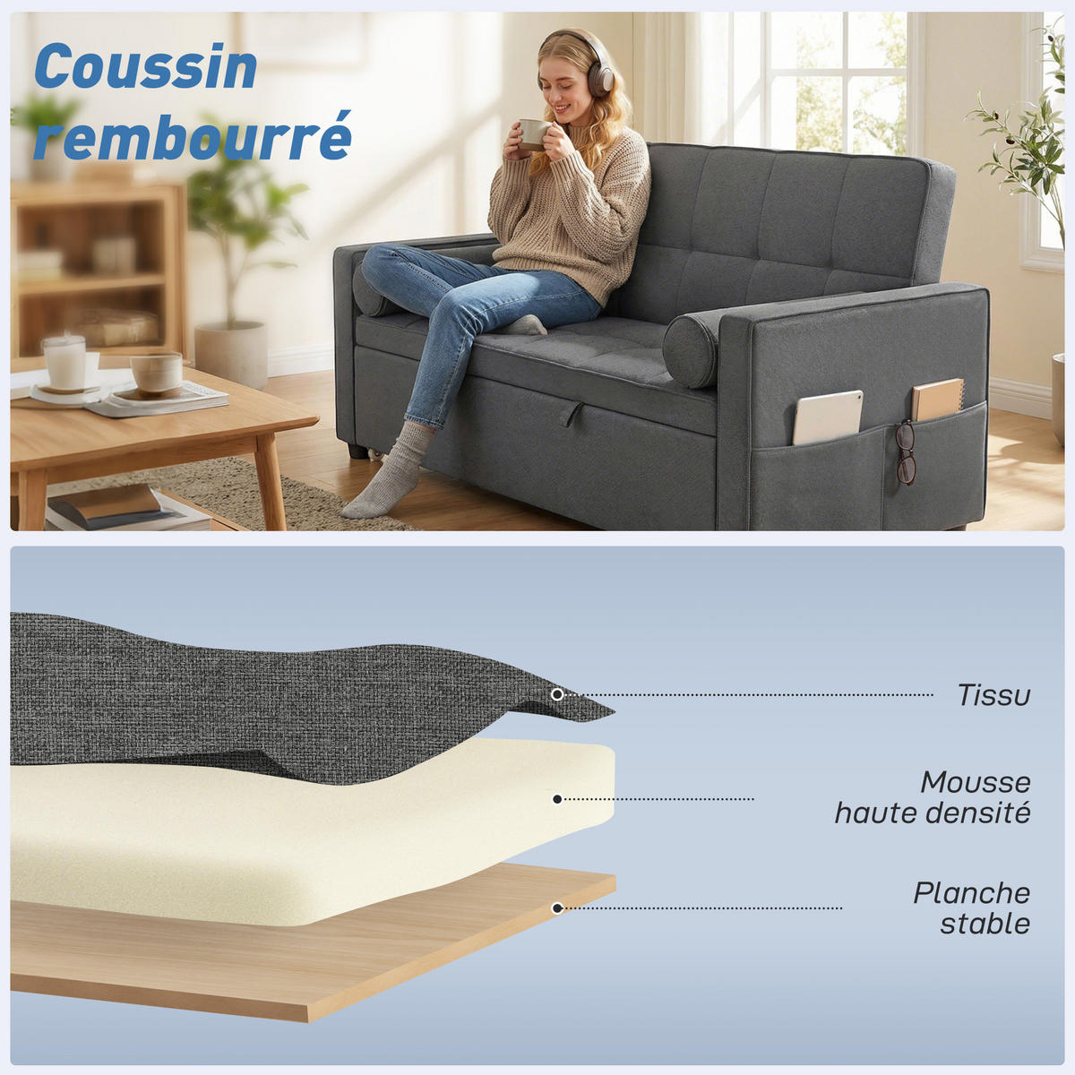 SCHLAFSOFA 2-Sitzer DE-14679 3-in-1 & 7-fach verstellbar Dunkelgrau - Dunkelgrau, Metall (137.5/84/80.5cm) - ComfortXL