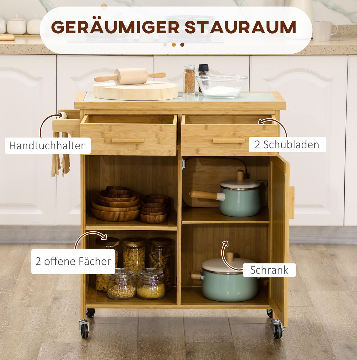 SERVIERWAGEN 84/36/85 cm mit Rollen, Schubladen und Glasplatte - Naturfarben, Holz (36/85/84cm) - BEAOK