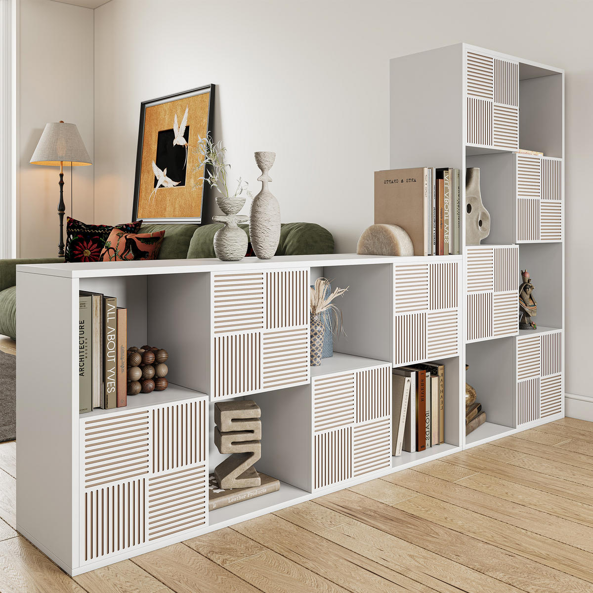 BÜCHERREGAL 125x30x60 cm Holz Lamellen Design Sideboard Aufbewahrung, Weiß - Weiß, Holz (60/125/30cm)