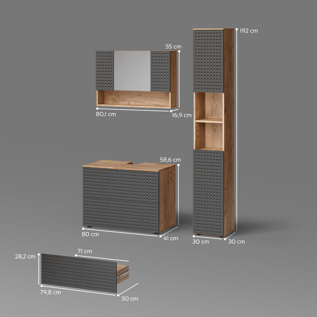 BADMÖBEL-SET Ronco Anthrazit gepunktet 3 Teile, mit Spiegelschrank 80 cm - Eichefarben/Anthrazit, Holzwerkstoff (80/58/41cm) - Livinity®