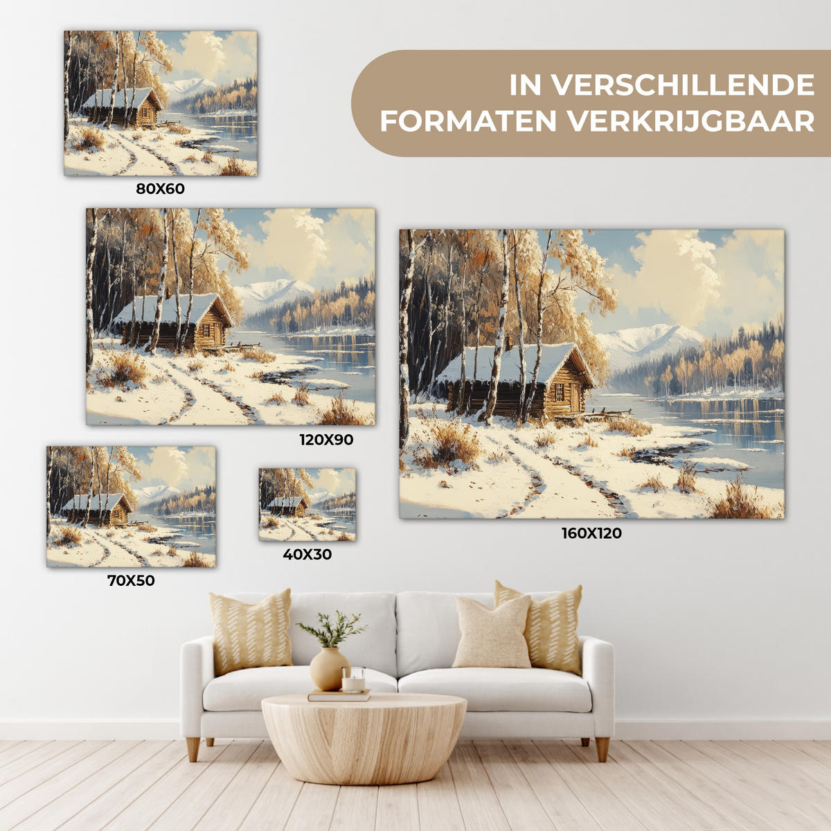 LEINWANDBILD Winter - Schnee - Zuhause - Natur Wandbilder 80x60 cm - Hellbraun, Textil (80/60cm) - MuchoWow