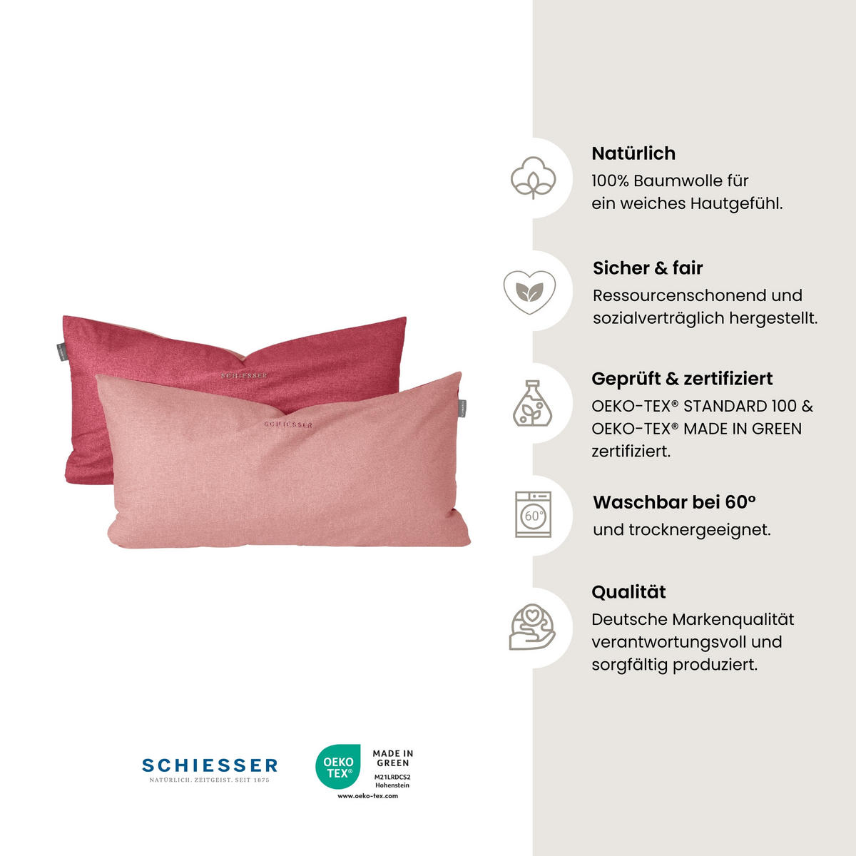 KISSENHÜLLENSET Doubleface - Renforcé - 2-teilig - 40 x 80 cm - Rosa - Rosa, Textil (40/80cm) - SCHIESSER
