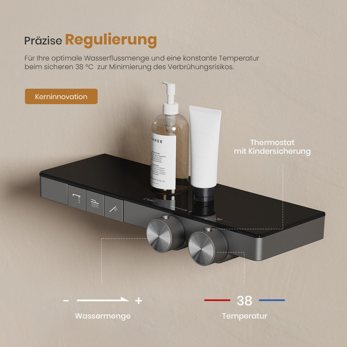 ÜBERKOPFBRAUSESET mit Thermostat Einstellbarer Durchfluss 4-Strahl Anthrazit Matt - Anthrazit, Metall (40.2/105/57.3cm) - EMKE