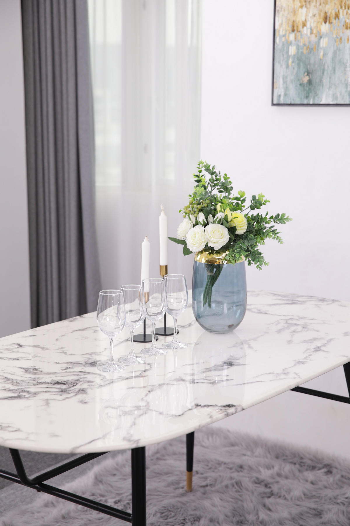 ESSZIMMERTISCH LARS - 160x90 cm - Platte Glas in Marmoroptik, Gestell pulverbeschichtetes Metall - Weiß, Metall (90/160/77cm) - TPFLiving