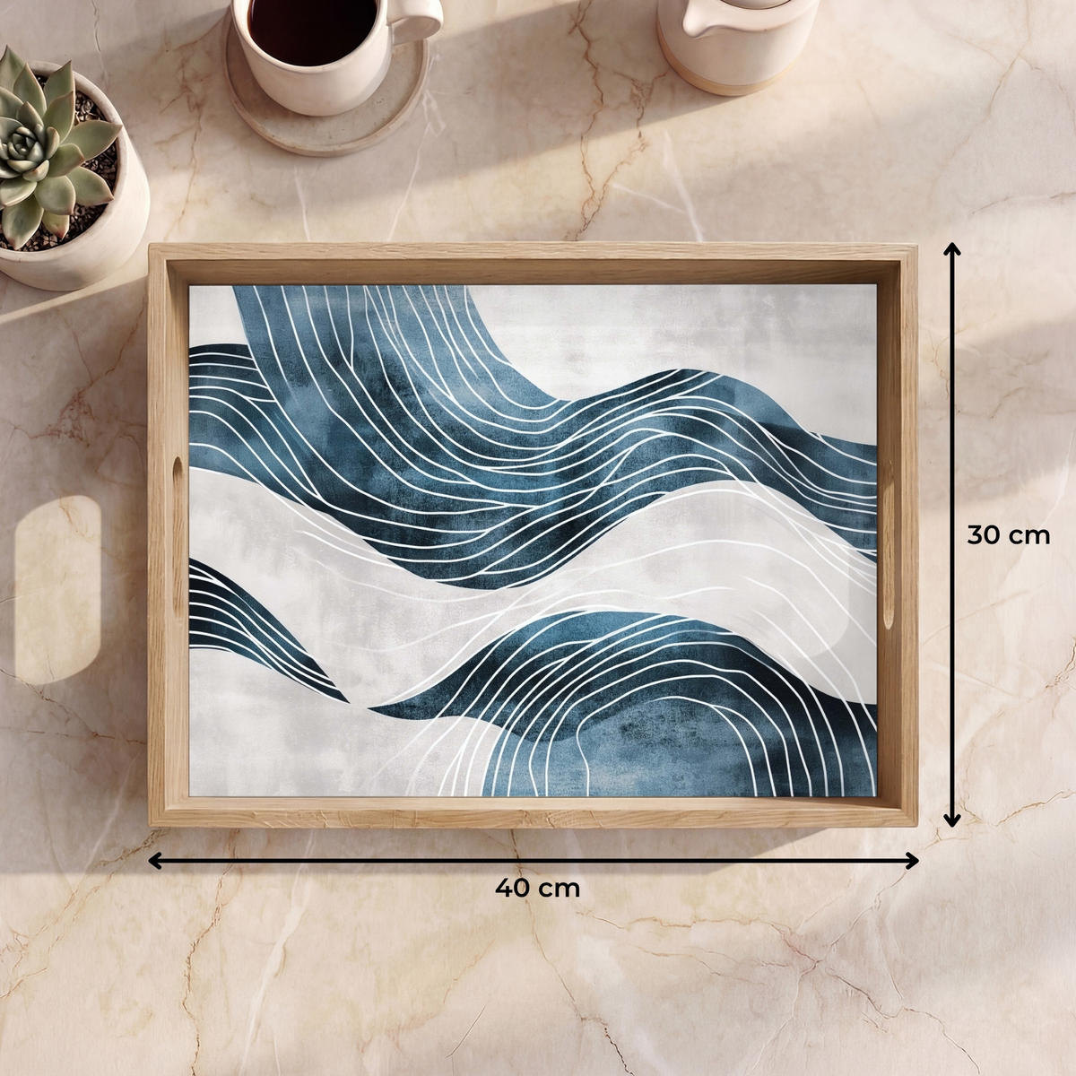 SERVÍROVACÍ PODNOS Čáry - vlny - abstraktní - modrá 40x30 cm - modrá, dřevo (40/5/5cm) - OnlyWow