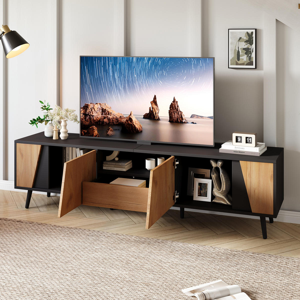 TV-RACK 180x40x46cm Holz-Schwarz Push-to-Open für 75-Zoll-Fernseher - Schwarz, Holz (50.8/12.07/64.77cm) - Raelunyi