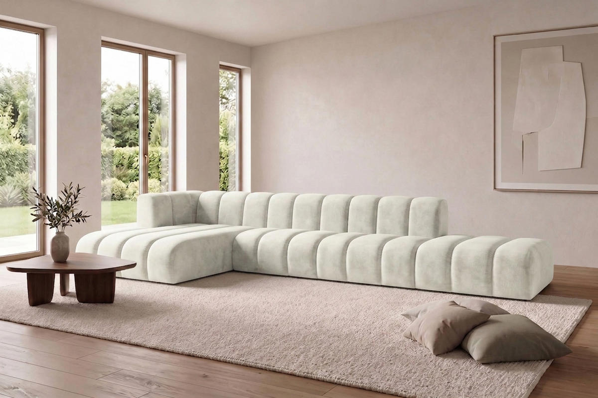 ECKSOFA Modulares In L-Form Mit Hocker, Velvet-Stoff Riviera, Ecru, Links, GRAND - Creme, Holz (386/179cm) - Kaiser Möbel