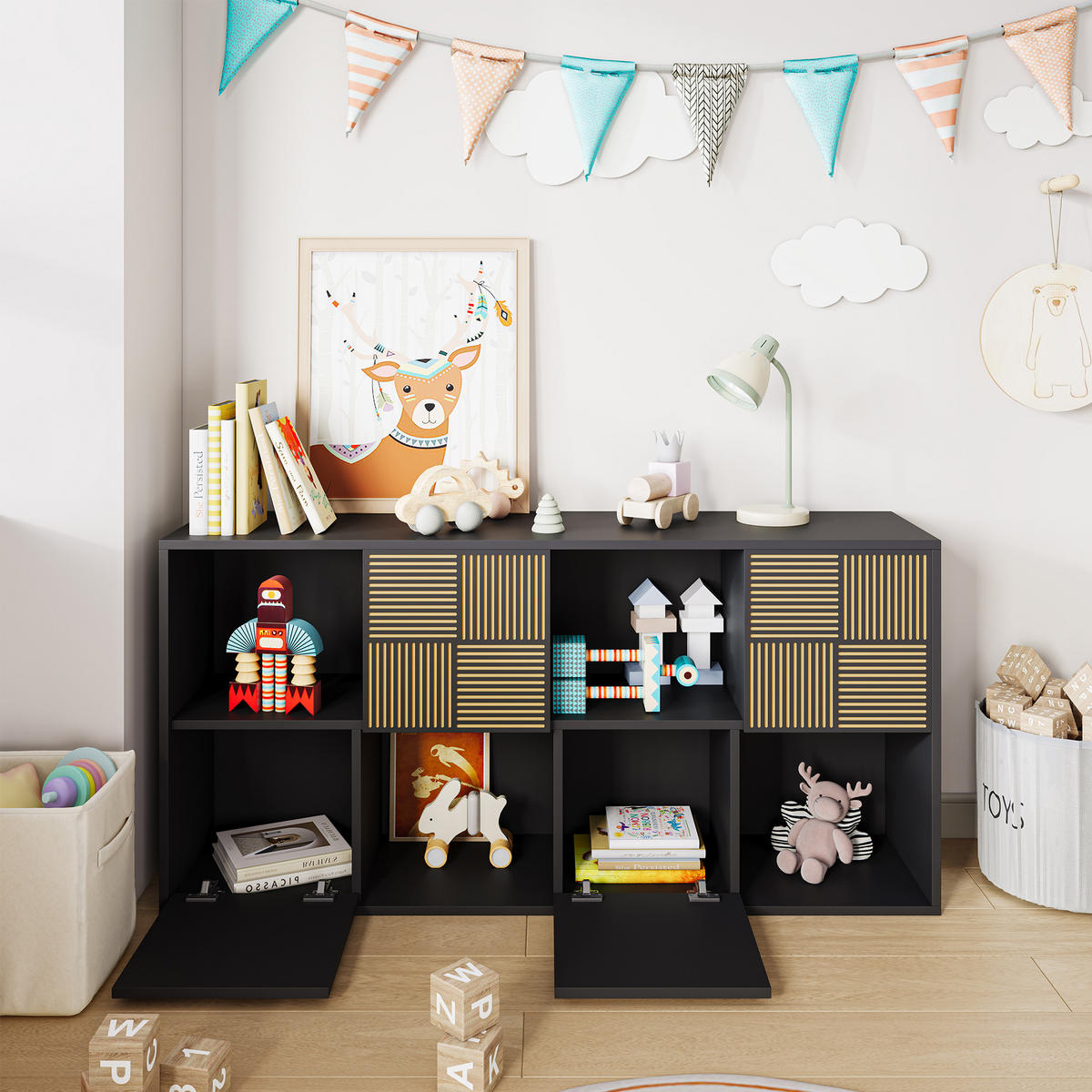 BÜCHERREGAL 125x30x60 cm Holz Lamellen Design Sideboard Aufbewahrung, Schwarz - Schwarz, Holz (60/125/30cm)