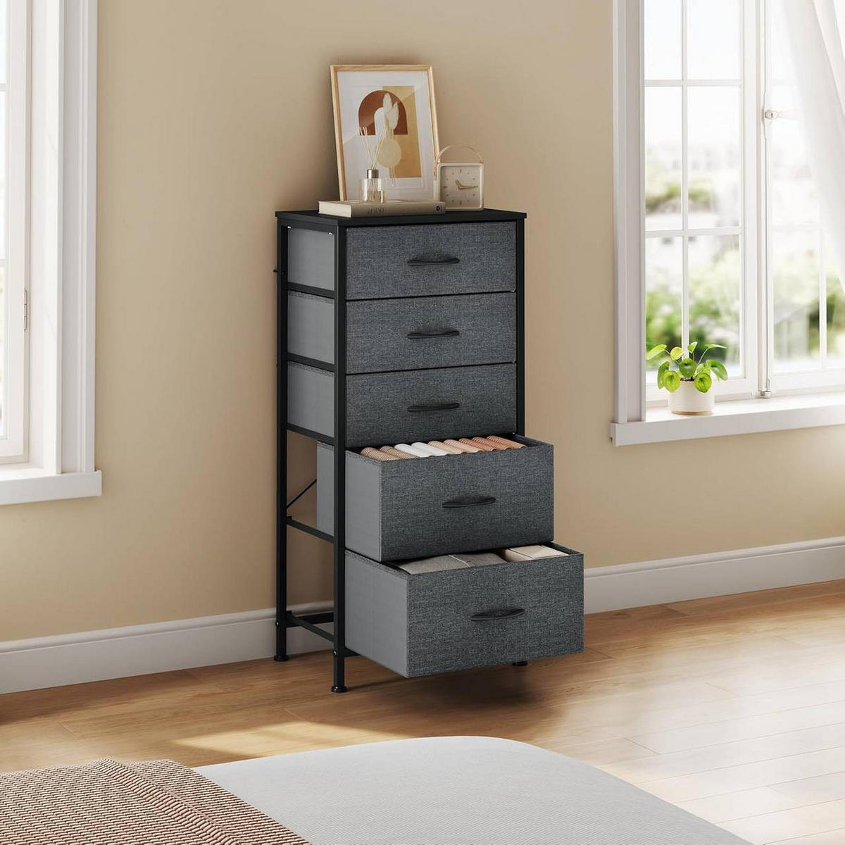 KOMMODE mit 5 Schubladen, aus Holzwerkstoff, Schwarz + Dunkelgrau - Dunkelgrau/Schwarz, Holzwerkstoff/Textil (45.5/95.5/30cm) - Woltu