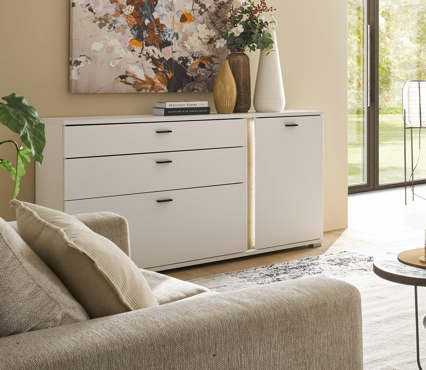 SIDEBOARD weiß matt, Eiche Wotan 150 cm, Kommode inklusive Frontbeleuchtung - Silberfarben/Eiche Wotan, Holzwerkstoff/Kunststoff (150/86/42cm) - Furn.Design